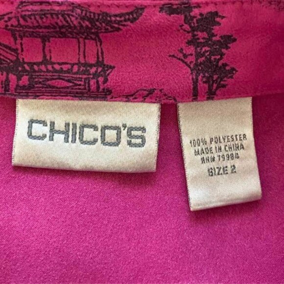 Chico's Large Pink Black Asian Scene Print Tunic Shirt Blouse Long Sleeve Button - Picture 8 of 10